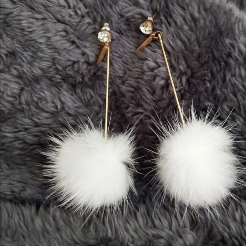 White Pom Pom Drop Earrings with Gold Rod